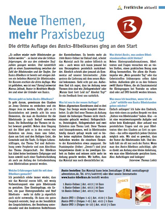 Ein Artikel über den Basics-Bibelkurs in der Zeitschrift Adventisten heute